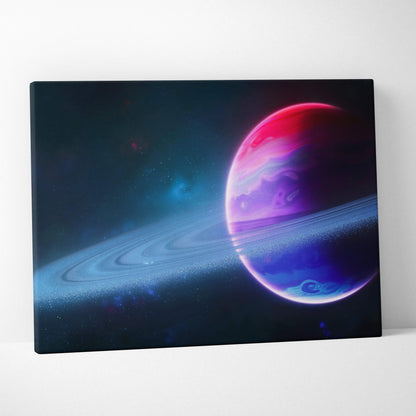 Vibrant neon ringed planet in pink purple blue hues canvas wall art