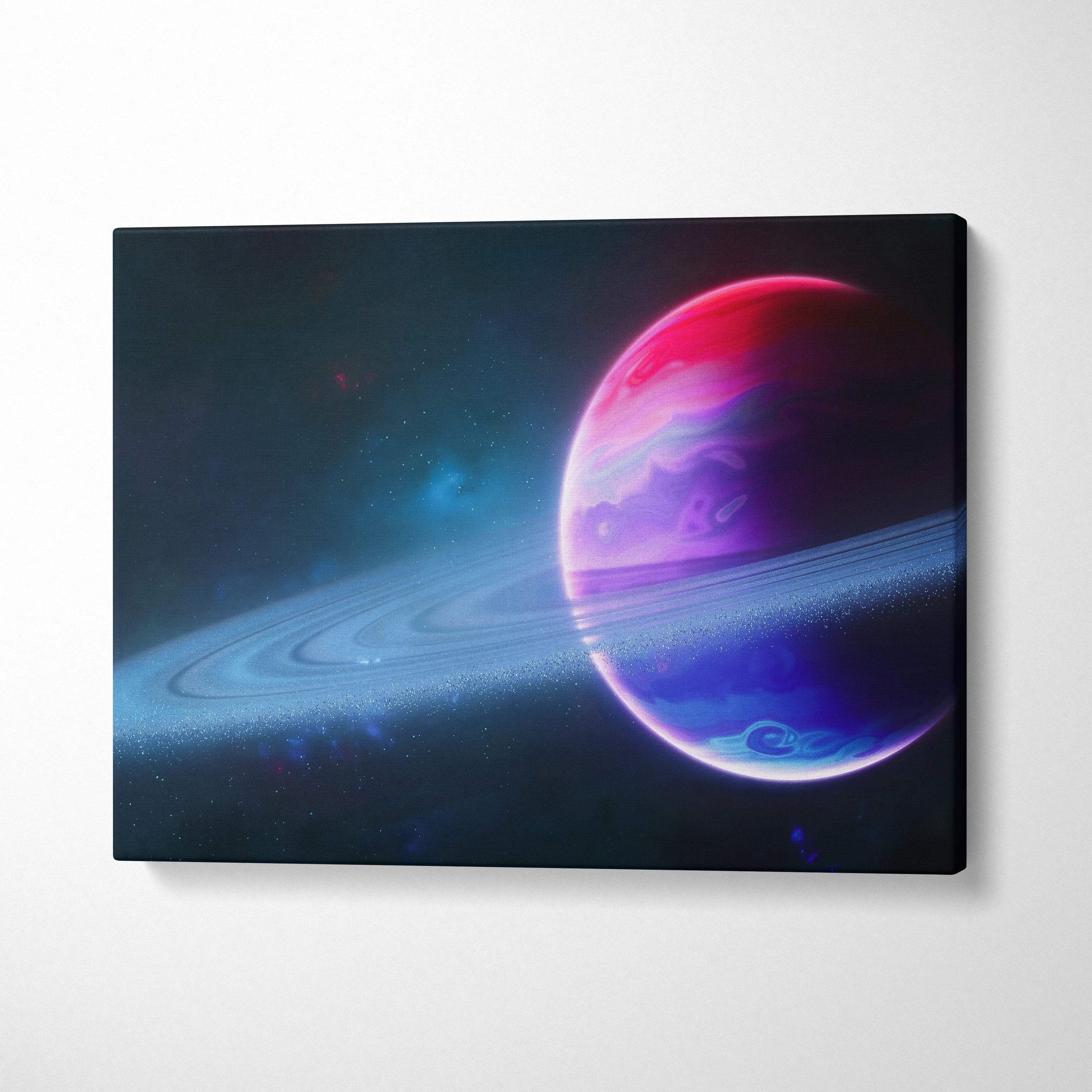 Vibrant neon ringed planet in pink purple blue hues on cosmic canvas art