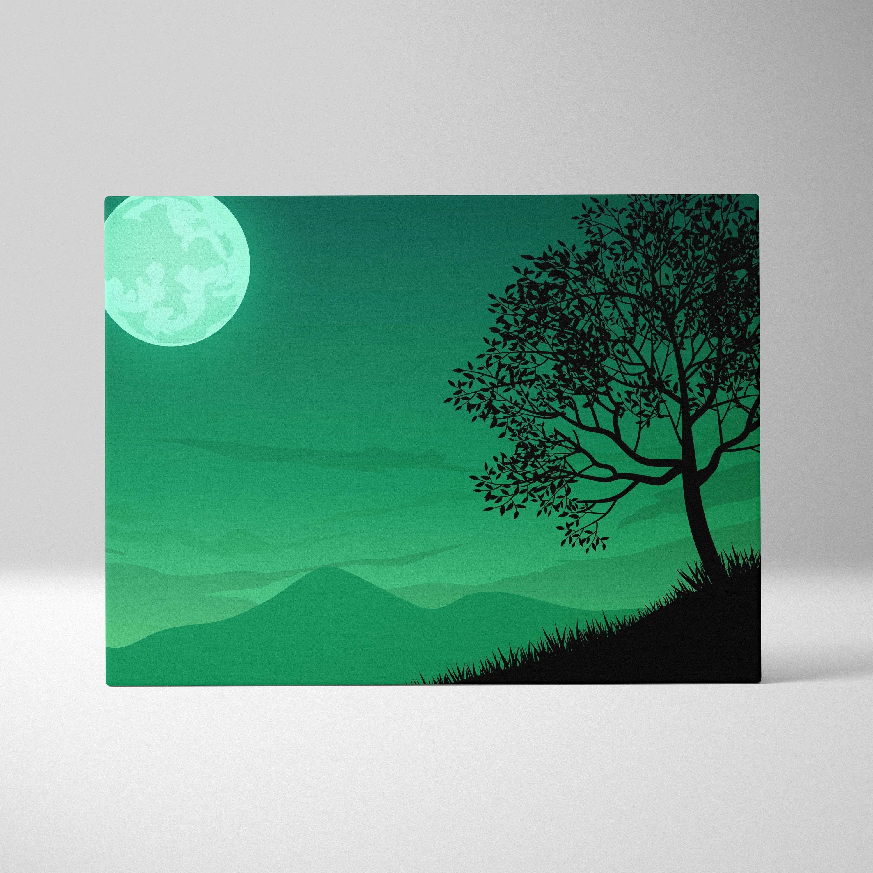 Lonely moonlit tree silhouette over mint green night sky minimalist canvas art