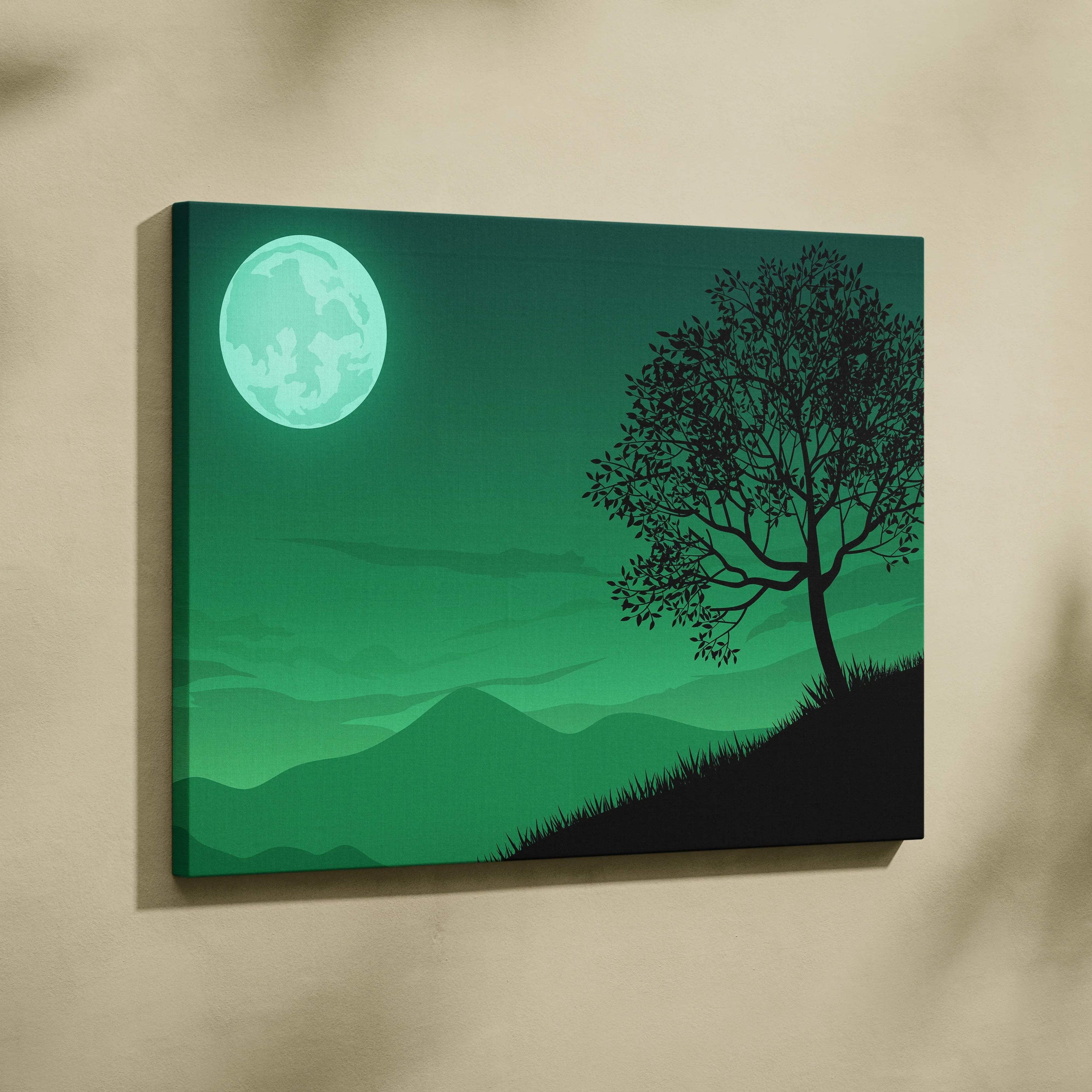 Lonely moonlit tree silhouette over mint green night sky minimalist canvas art