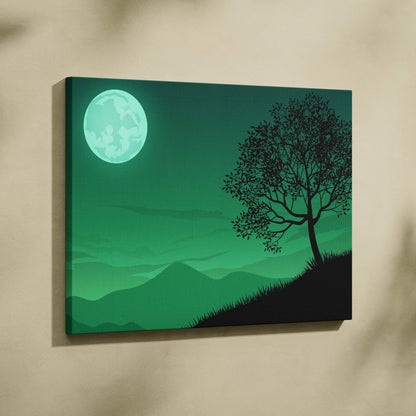Lonely moonlit tree silhouette over mint green night sky minimalist canvas art
