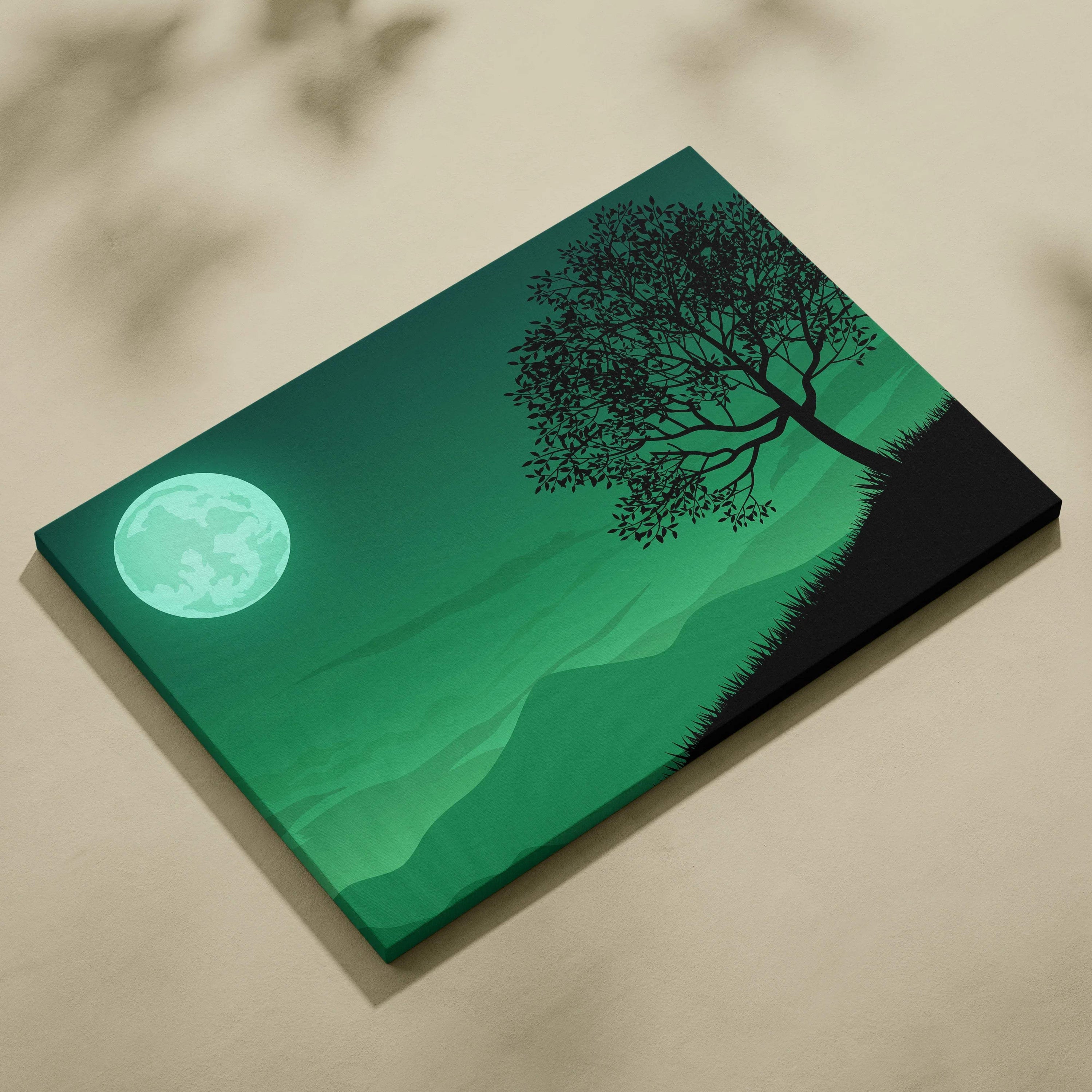 Lonely moonlit tree silhouette over mint green night sky minimalist canvas art