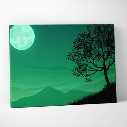 Lonely moonlit tree silhouette over mint green night sky minimalist canvas art