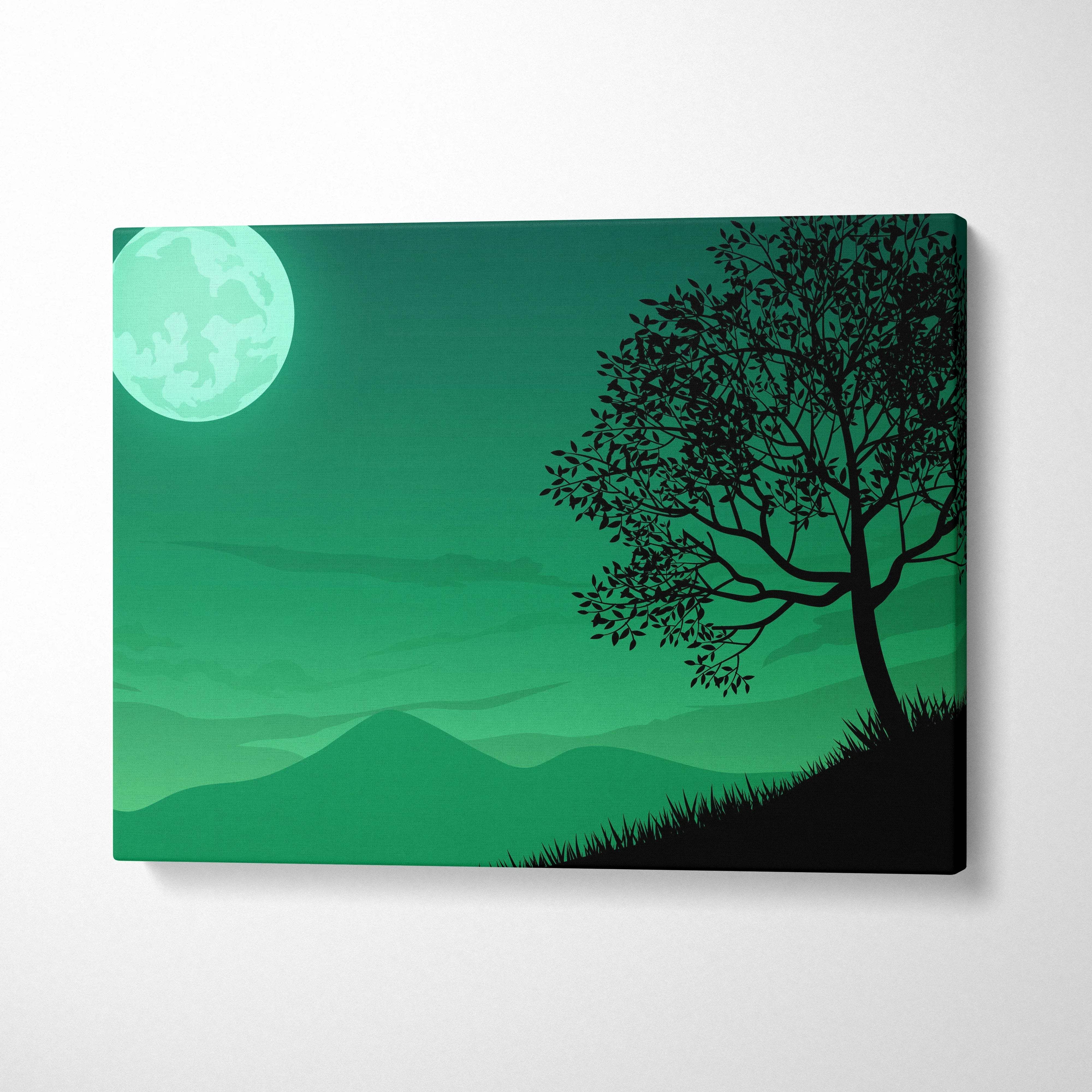 Lonely moonlit tree silhouette over mint green night sky minimalist canvas art