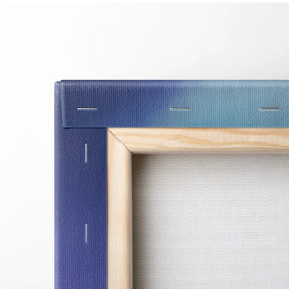 Blue gradient canvas with wooden frame, misty meadow cabin art