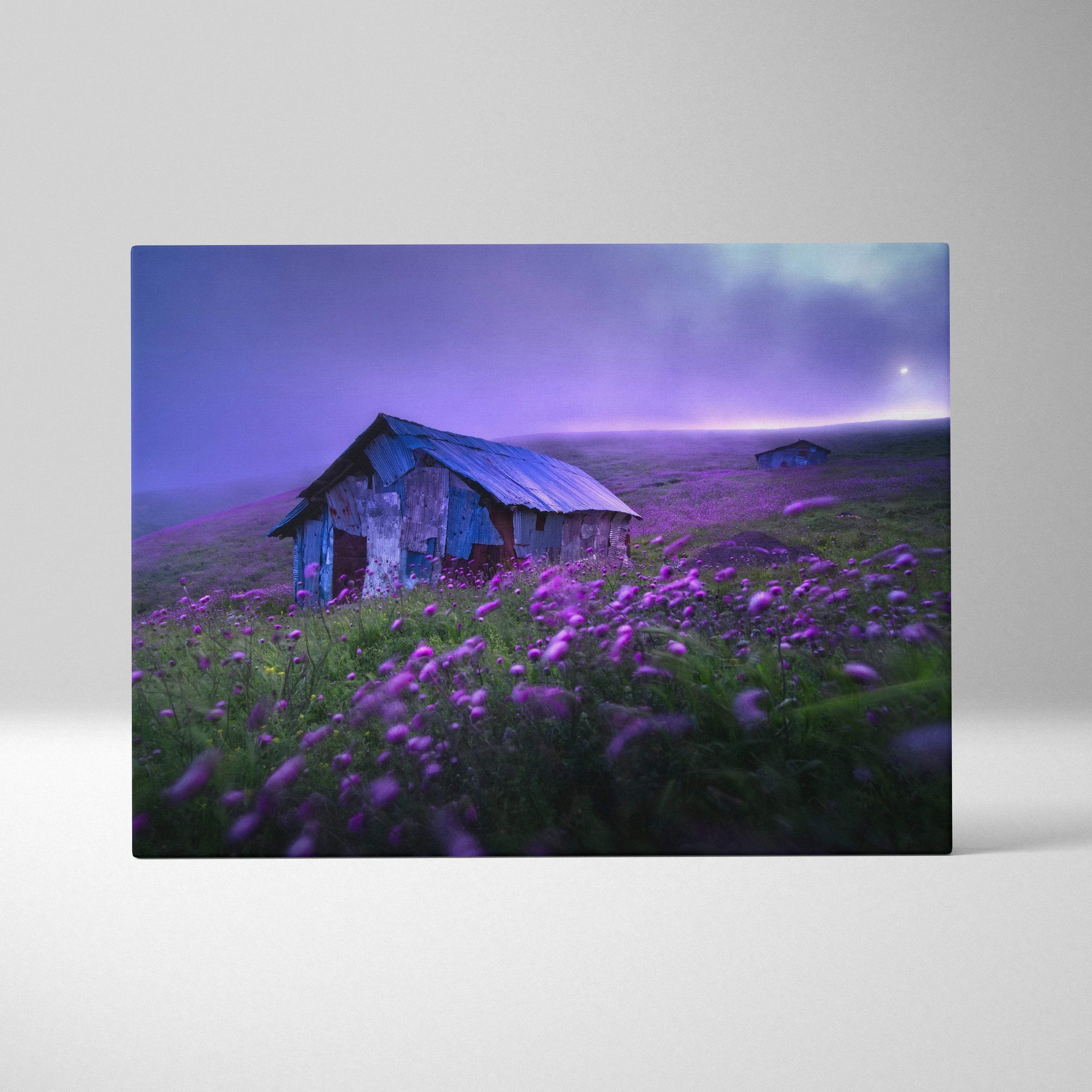 Purple-toned rustic shed in misty meadow with wildflowers, blue twilight sky canvas art