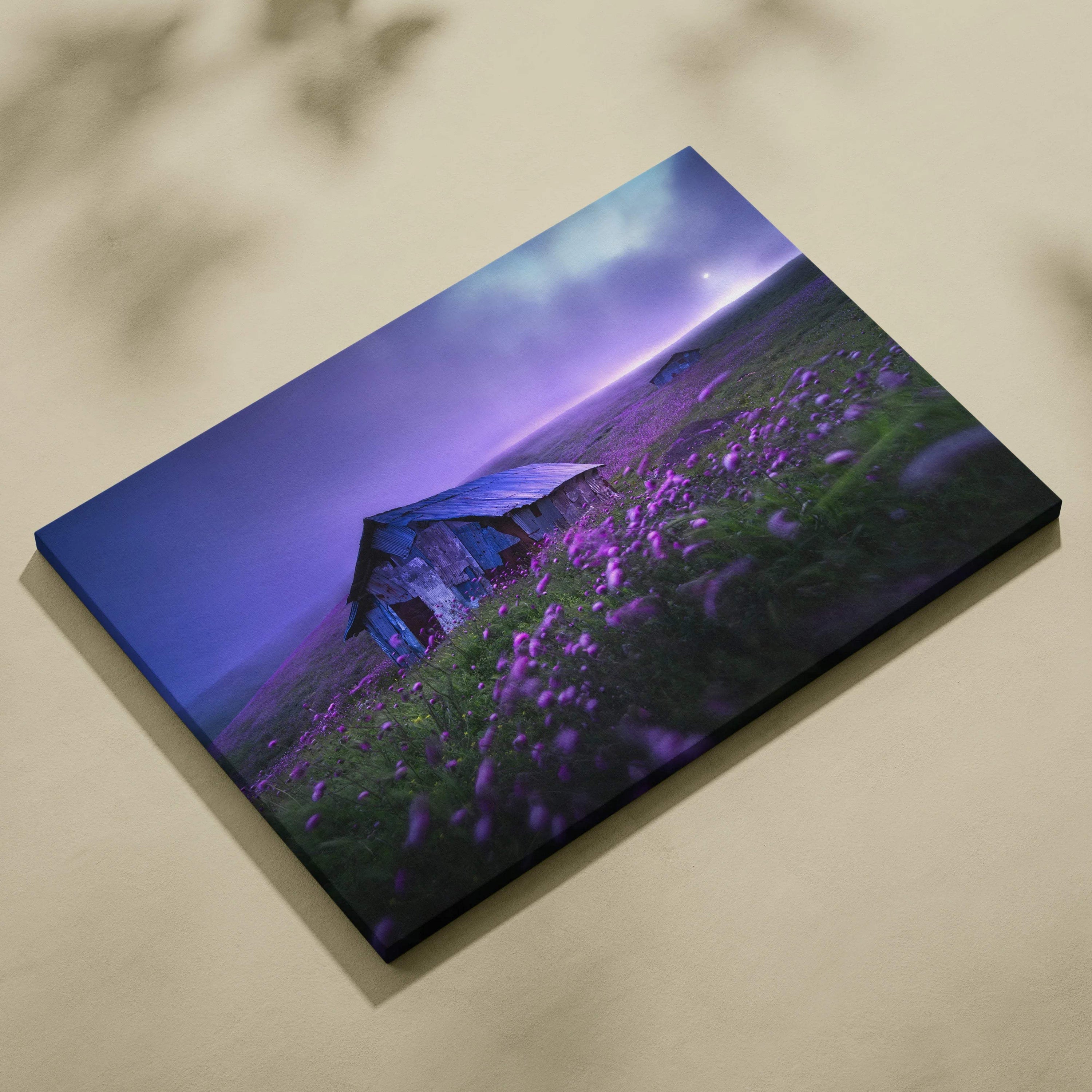 Purple blue rustic shed wildflowers dramatic twilight sky canvas print