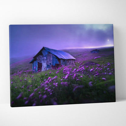 Abandoned rustic cabin in misty purple wildflower meadow twilight canvas art