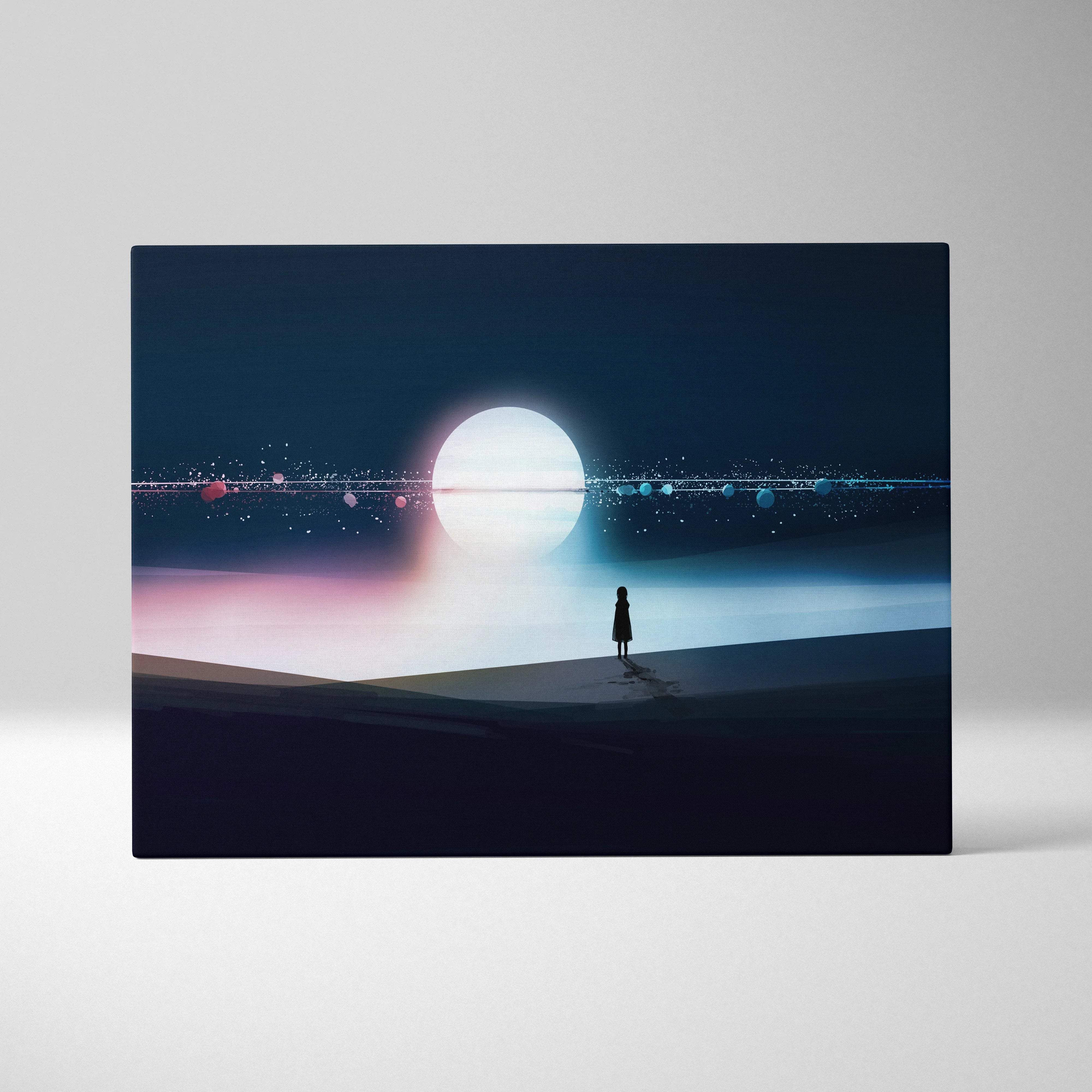 Minimalist silhouette on surreal navy shoreline with moon glow canvas art