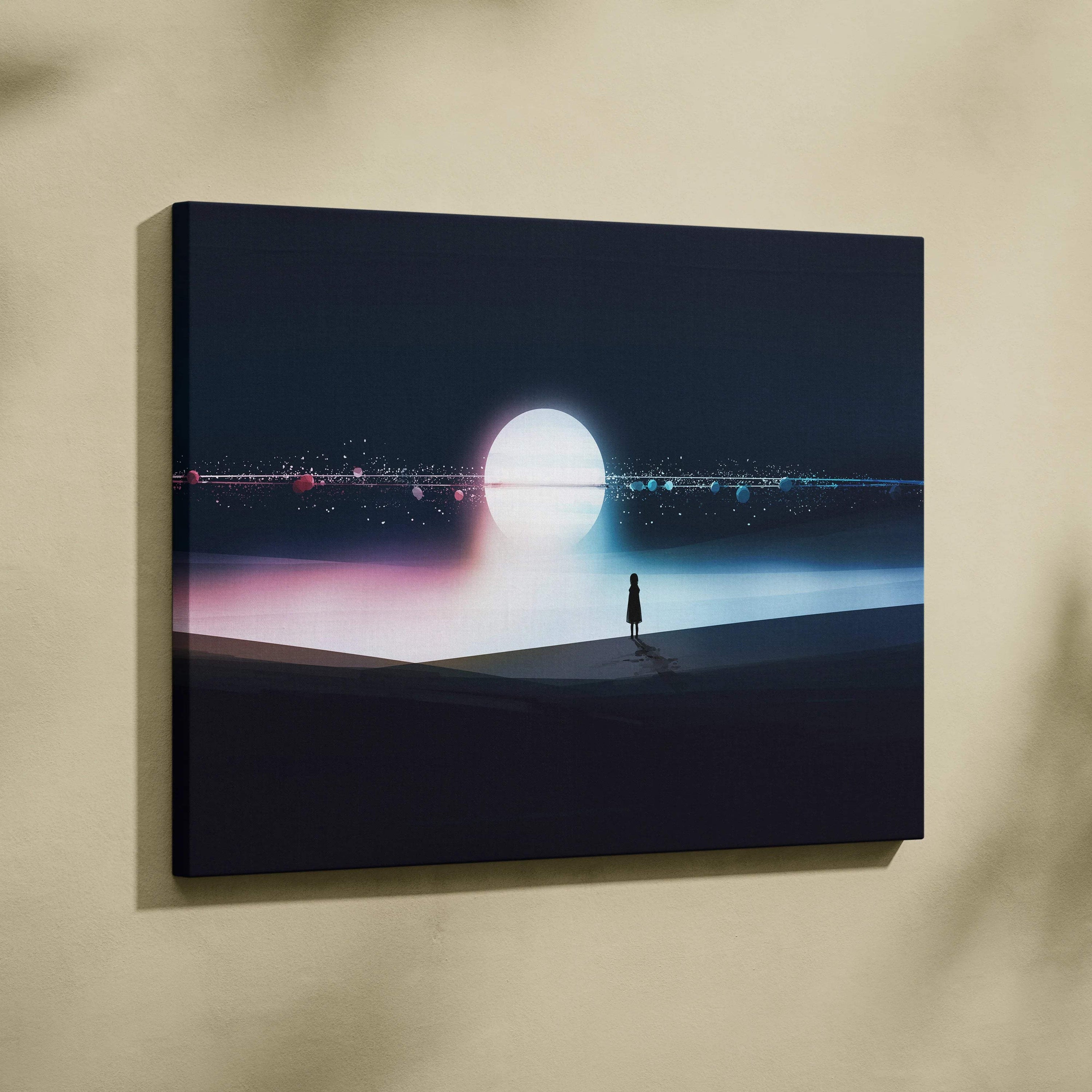 Minimalist silhouette on surreal navy shoreline with moon glow and pastel lights canvas print