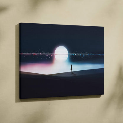 Minimalist silhouette on surreal navy shoreline with moon glow and pastel lights canvas print
