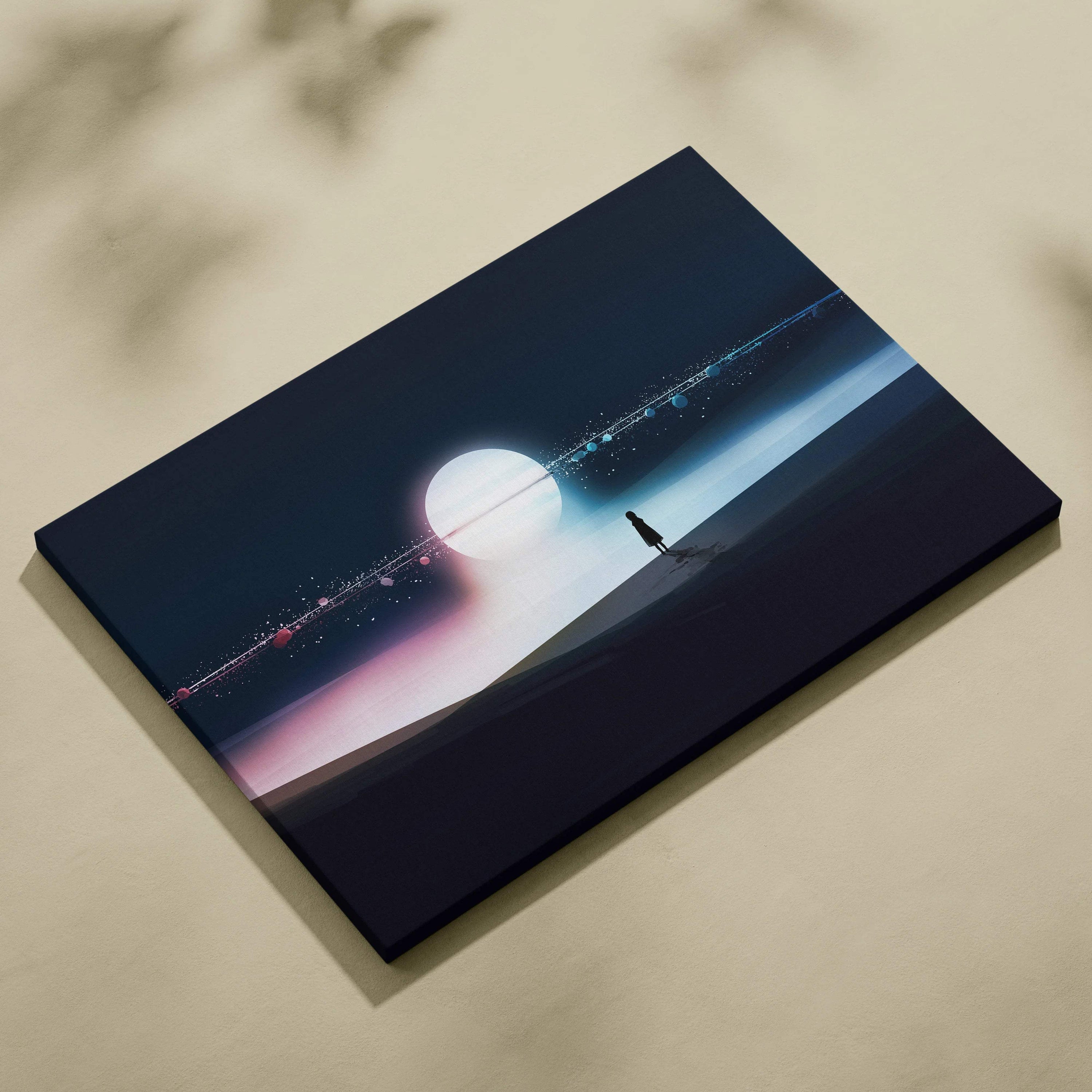 Minimalist silhouette on surreal navy shoreline with moon glow and pastel lights canvas art