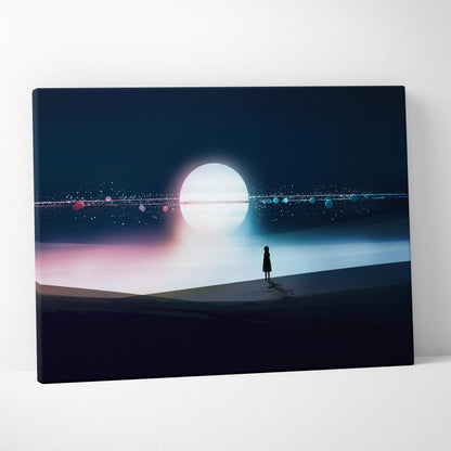 Minimalist silhouette on surreal navy shoreline with moon glow canvas print
