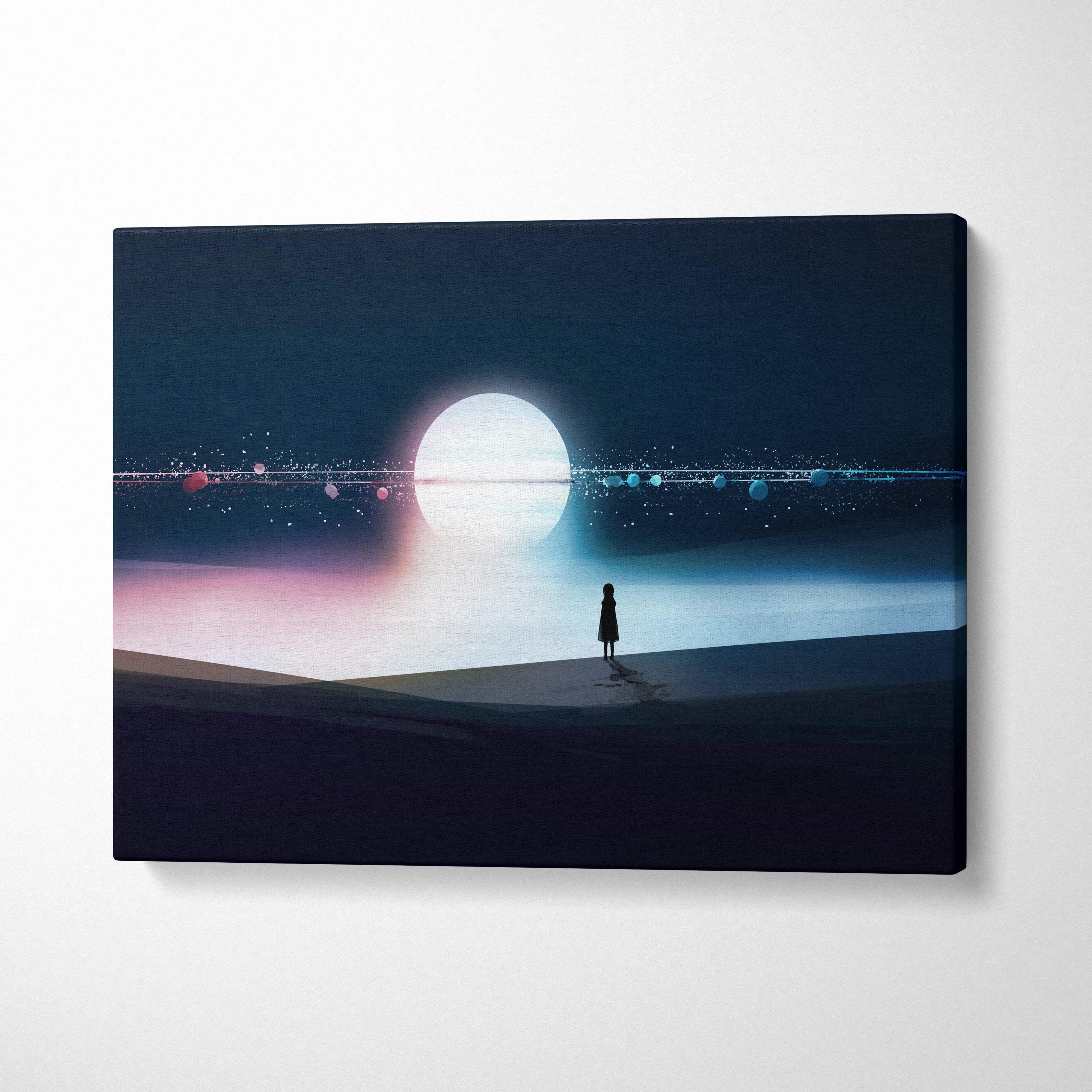 Minimalist silhouette on surreal navy shoreline with moon glow canvas art