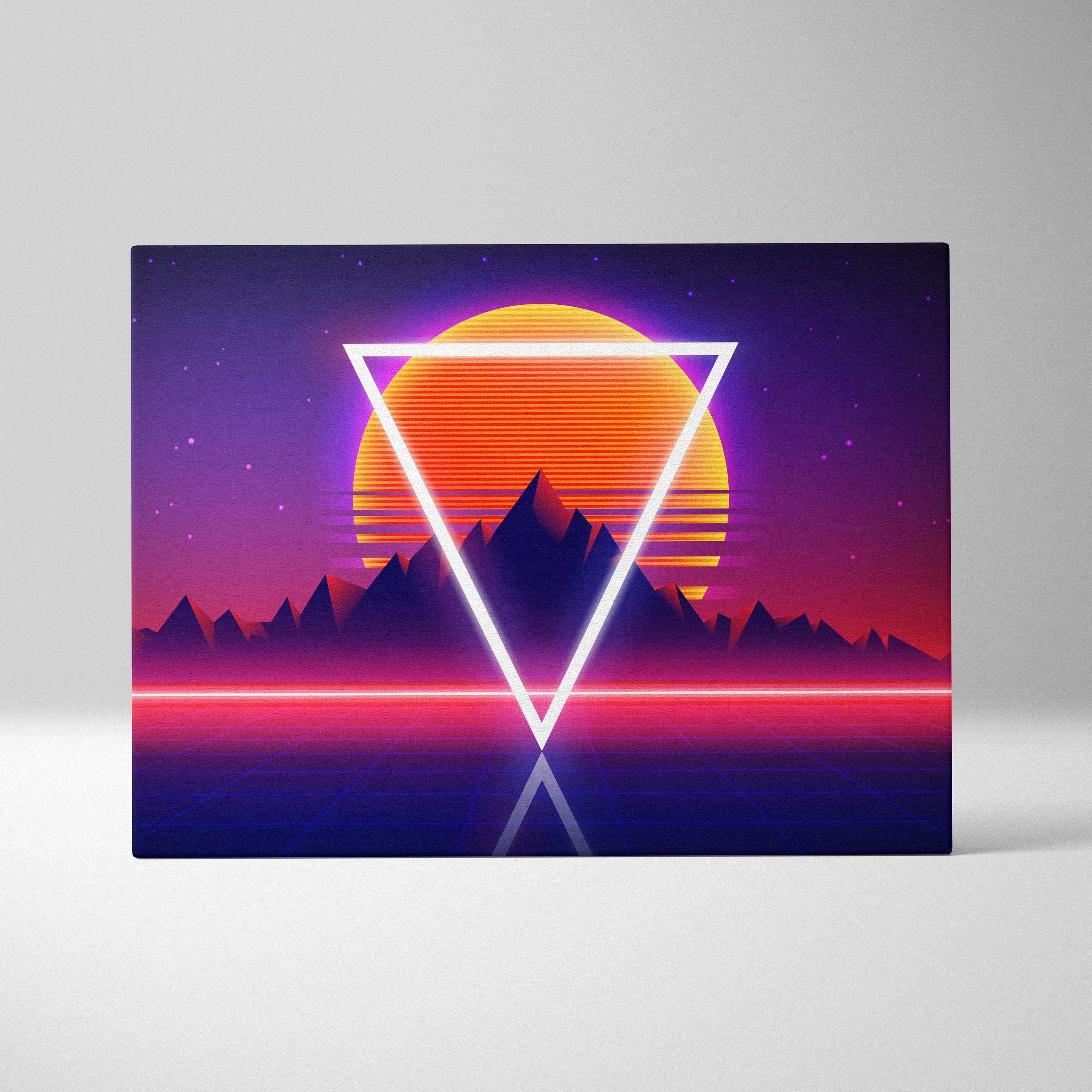 Vibrant retro synthwave sunset canvas with neon triangle over mountains