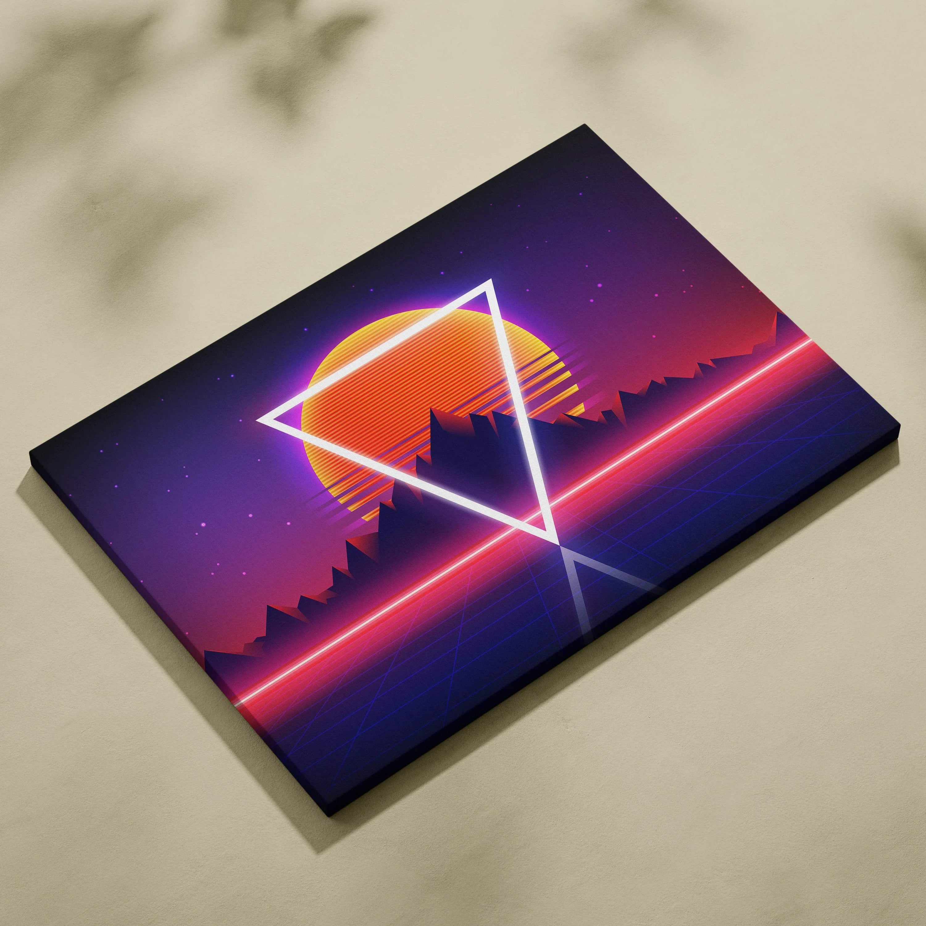 Retro synthwave sunset canvas with neon triangle over mountain silhouette