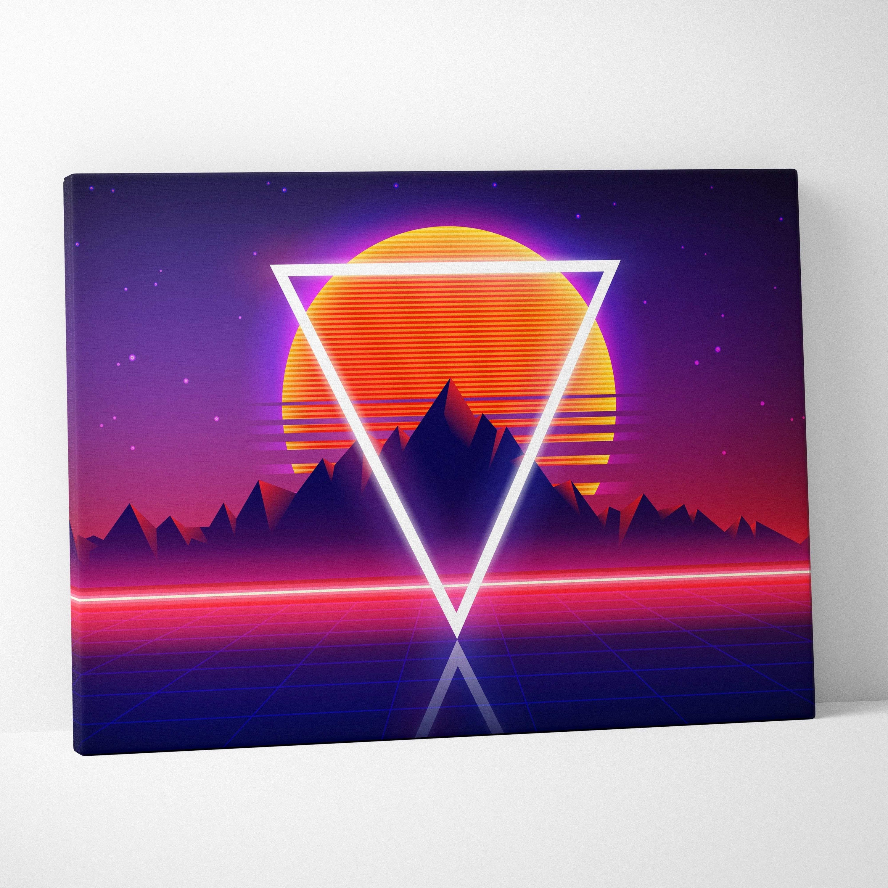 Retro synthwave sunset canvas art with neon triangle over mountains