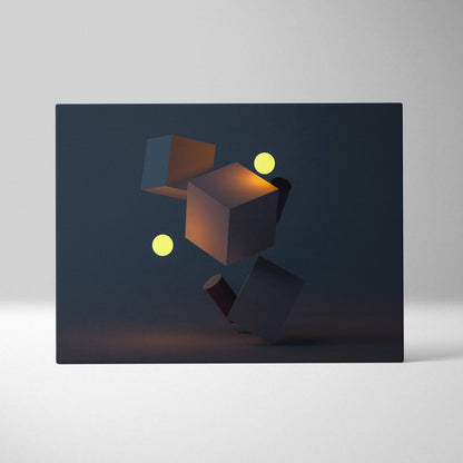 Moody minimal geometry canvas wall art with navy charcoal, amber accents, glowing spheres