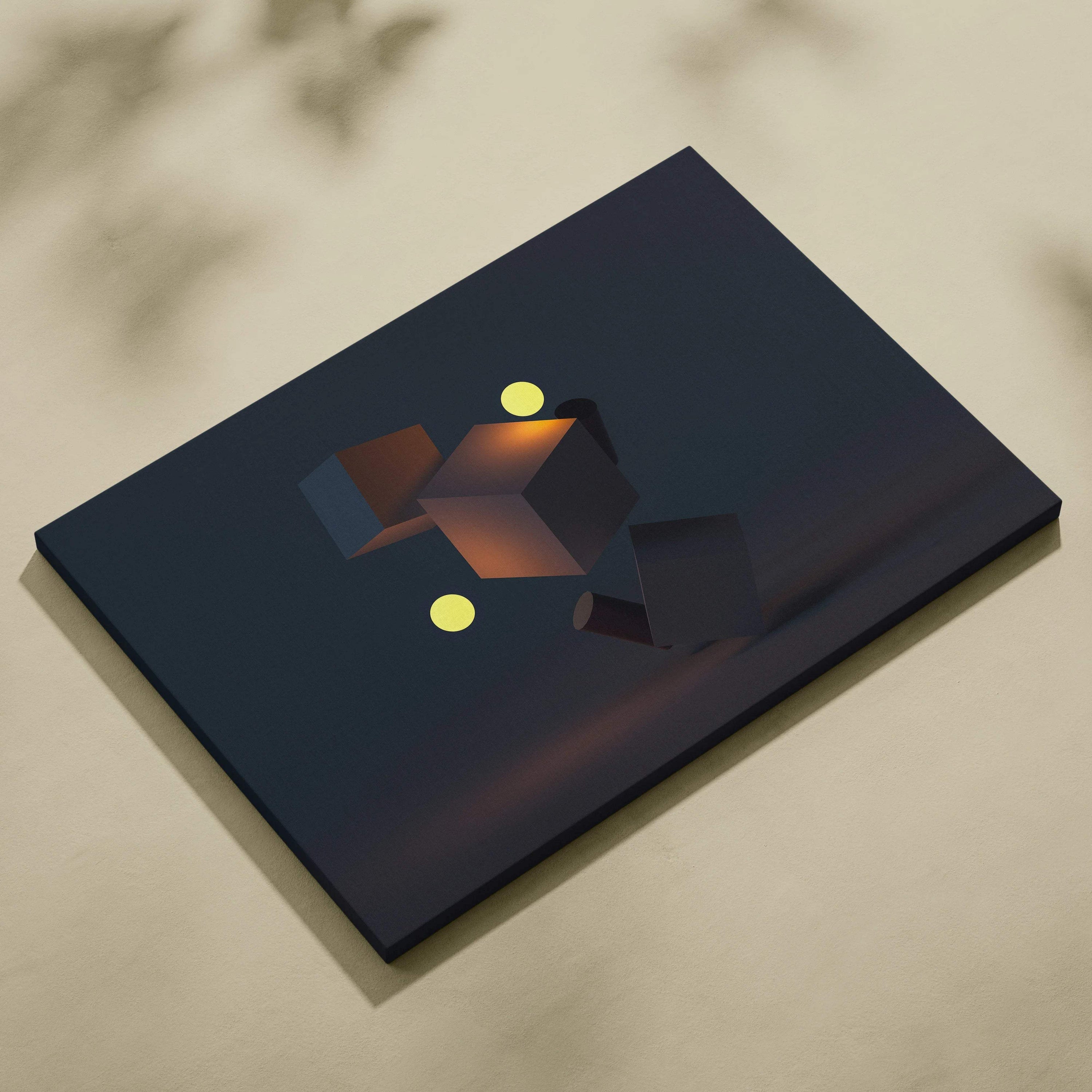 Moody minimal geometry navy canvas with amber 3D cubes spheres