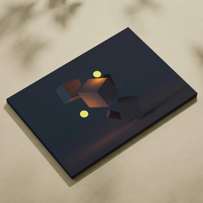 Moody minimal geometry navy canvas with amber 3D cubes spheres