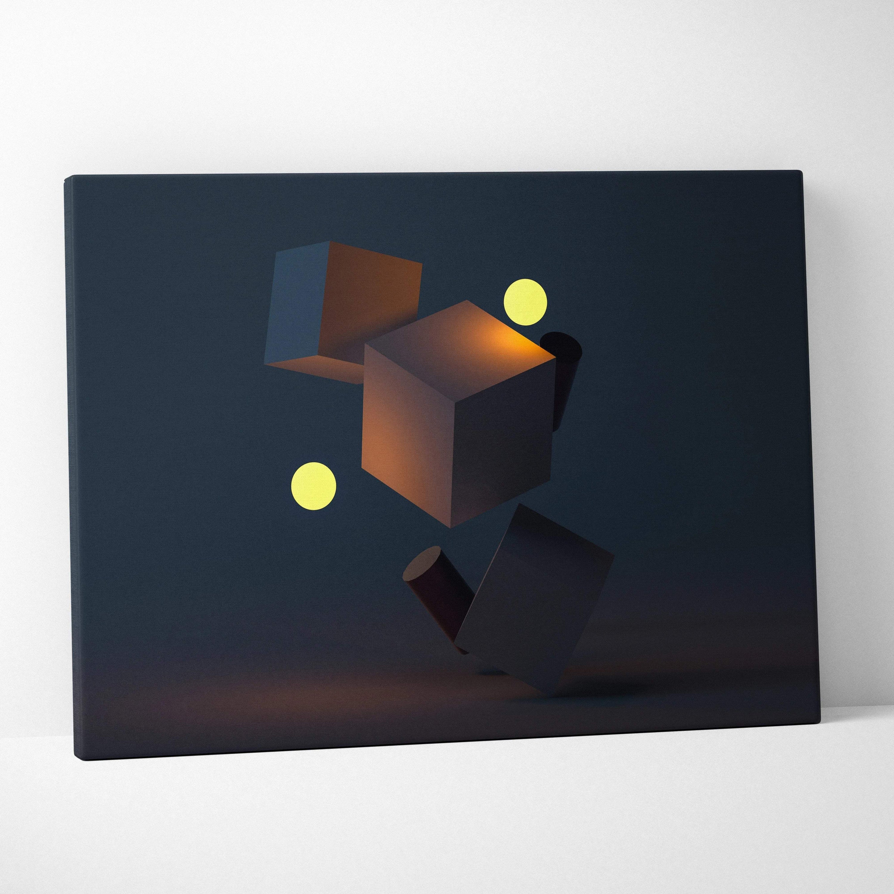 Moody minimal geometry floating 3D cubes spheres canvas art in navy with amber accents