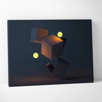 Moody minimal geometry floating 3D cubes spheres canvas art in navy with amber accents