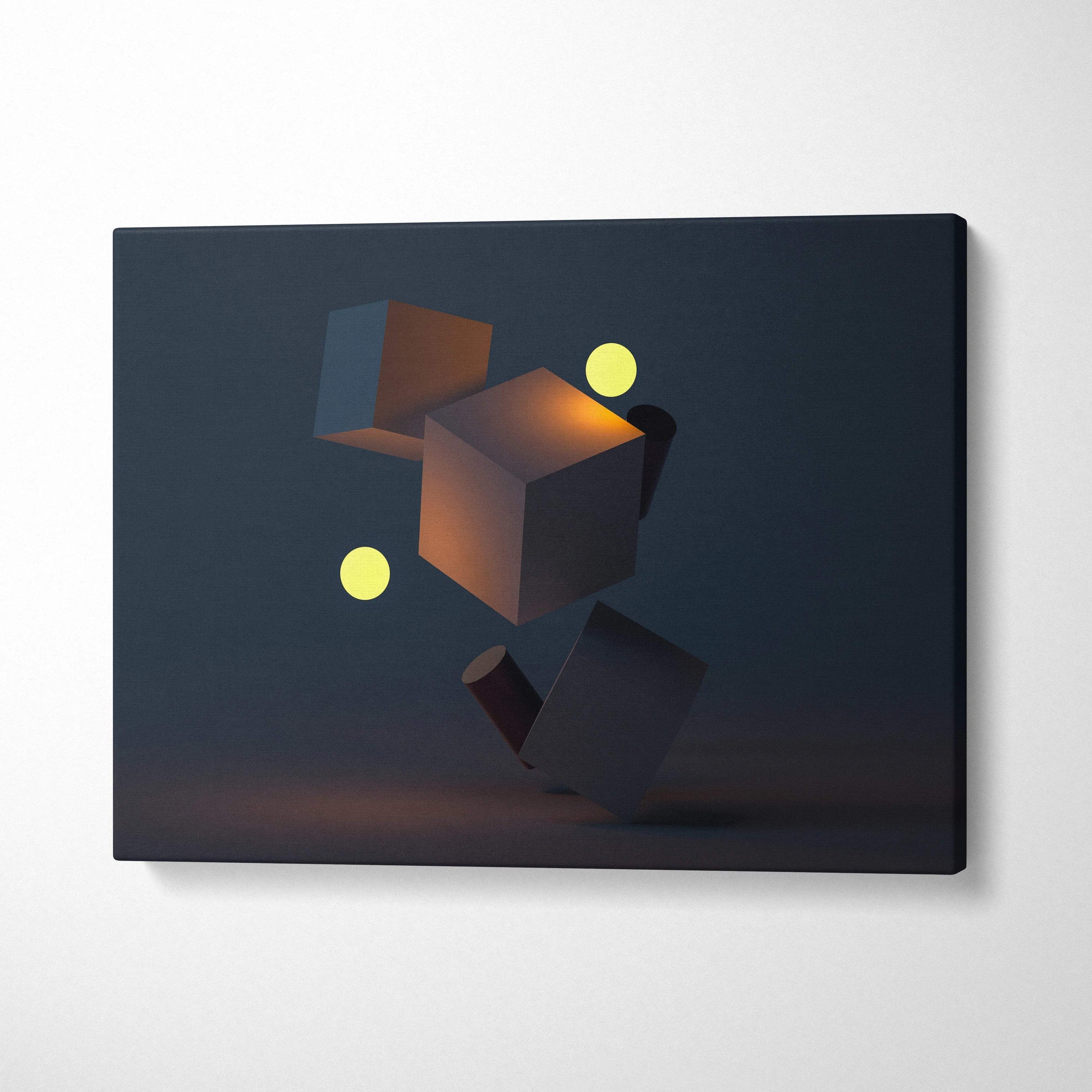 Moody minimal geometry floating 3D cubes and spheres canvas art in navy charcoal with amber accents
