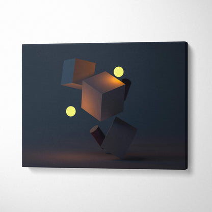 Moody minimal geometry floating 3D cubes and spheres canvas art in navy charcoal with amber accents
