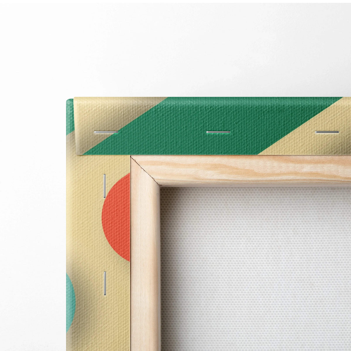 Geometric abstract canvas wall art with teal mustard coral navy pastel diagonal rounded bars and circles