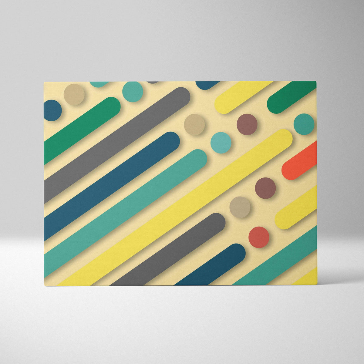Modern geometric abstract canvas wall art with teal mustard coral navy diagonal bars circles