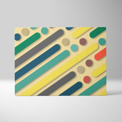 Modern geometric abstract canvas wall art with teal mustard coral navy diagonal bars circles