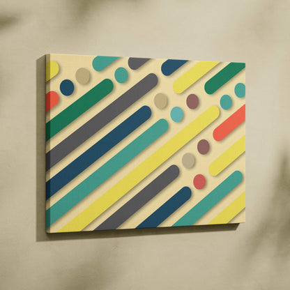 Geometric abstract canvas wall art with teal yellow coral navy diagonal bars circles