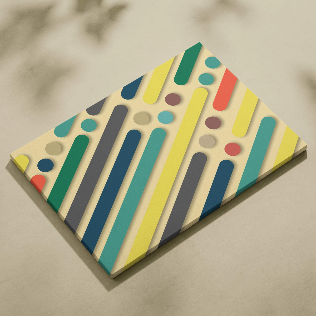 Geometric abstract canvas wall art with teal yellow gray stripes and colorful circles