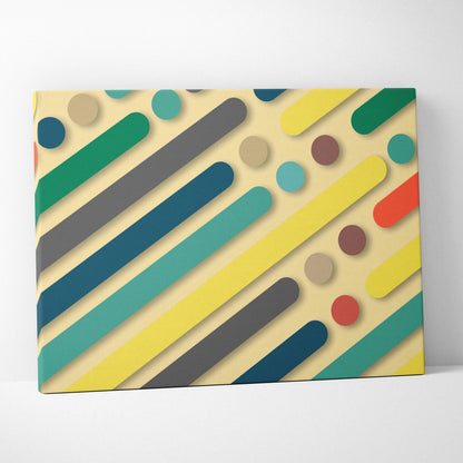 Geometric abstract canvas wall art with teal yellow gray red brown diagonal stripes and circles on beige background