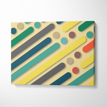 Geometric abstract canvas wall art with teal yellow gray red brown diagonal stripes and circles on cream background