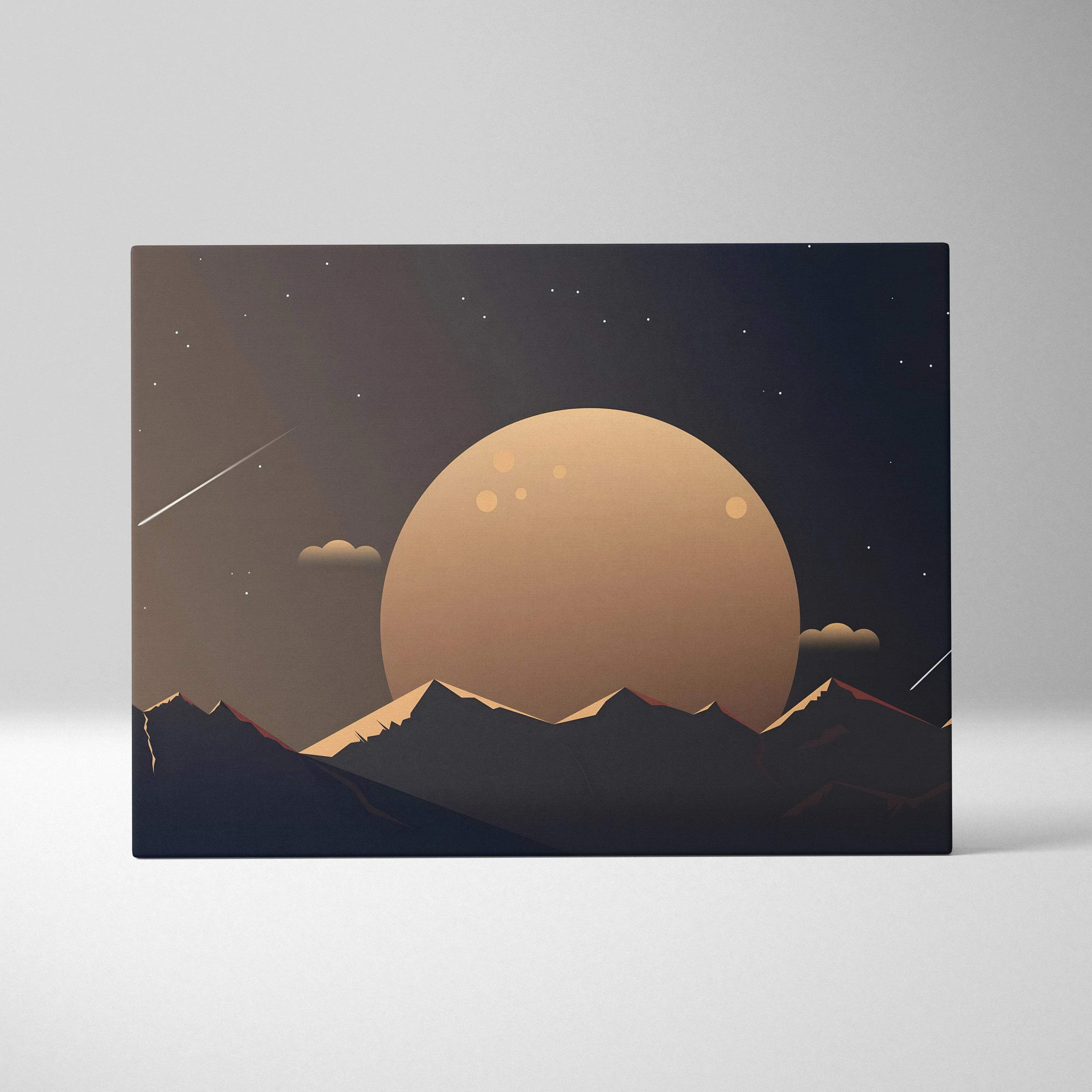 Minimalist moon over mountain silhouettes canvas art in beige navy gradient