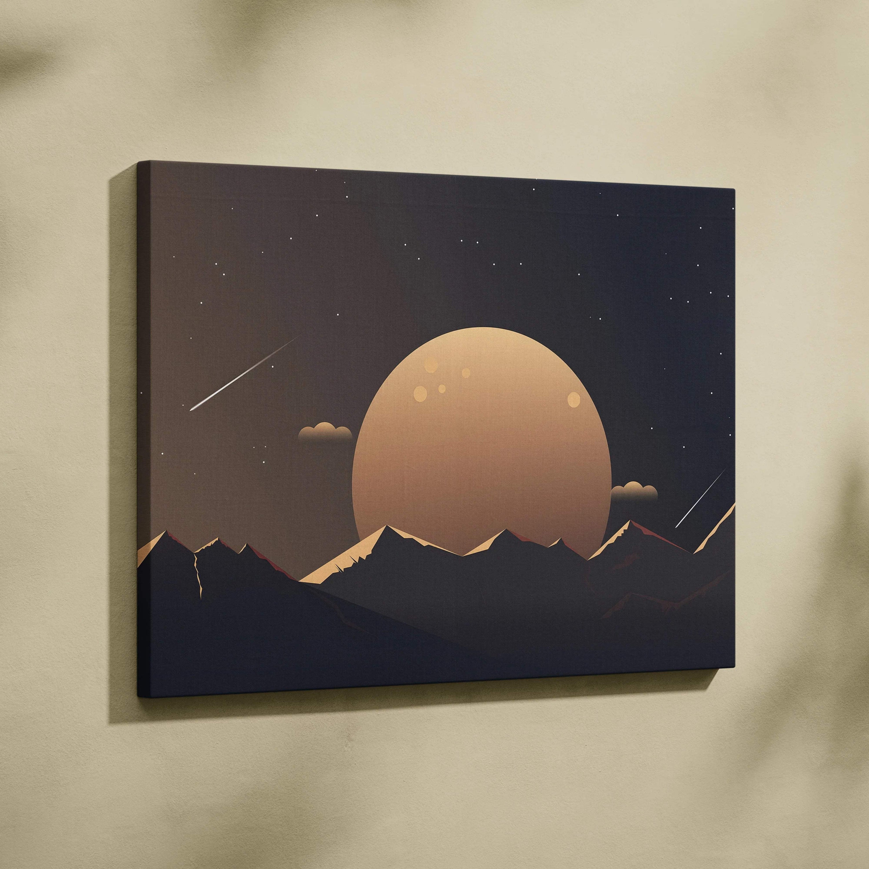 Minimalist moon over mountain silhouettes canvas wall art in beige navy gradient