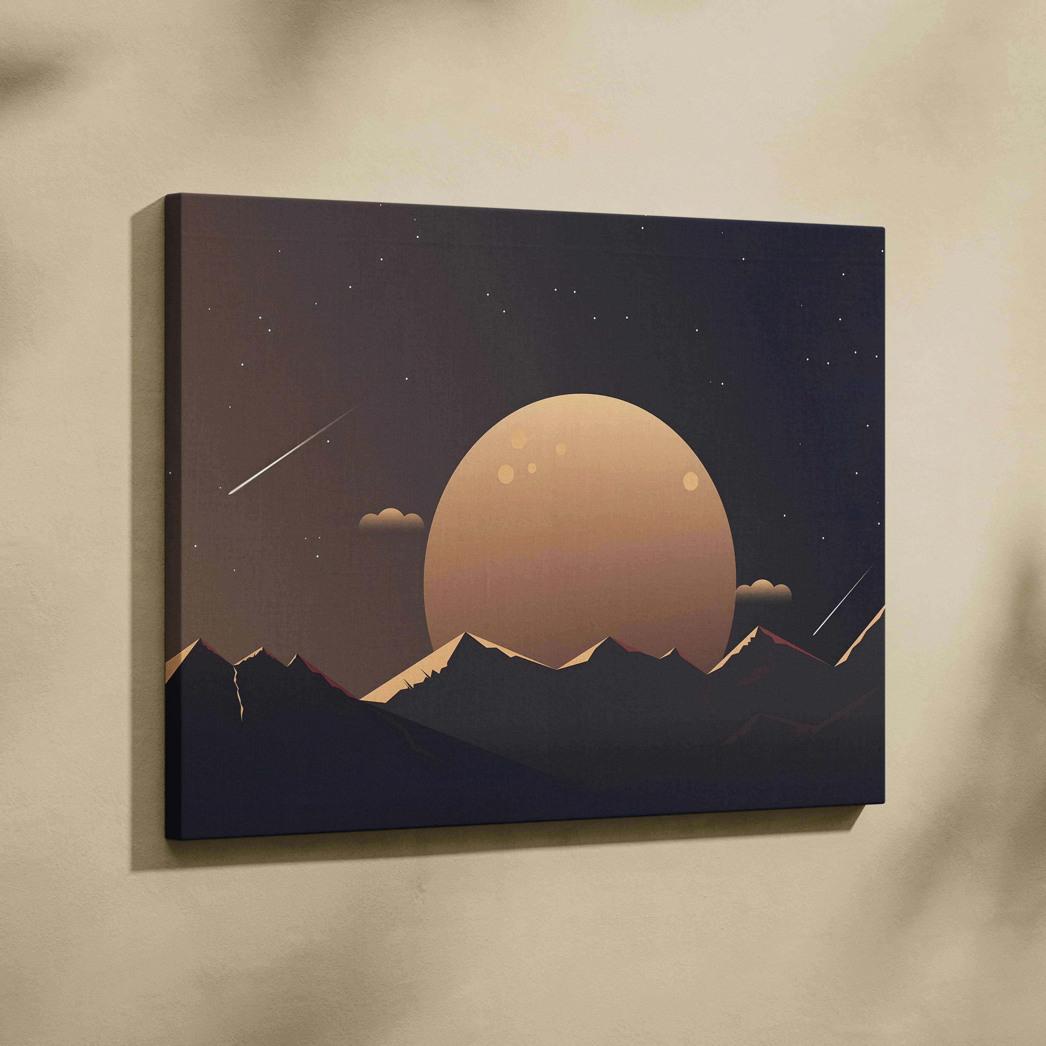 Minimalist moon over mountain silhouettes canvas wall art in beige navy gradient