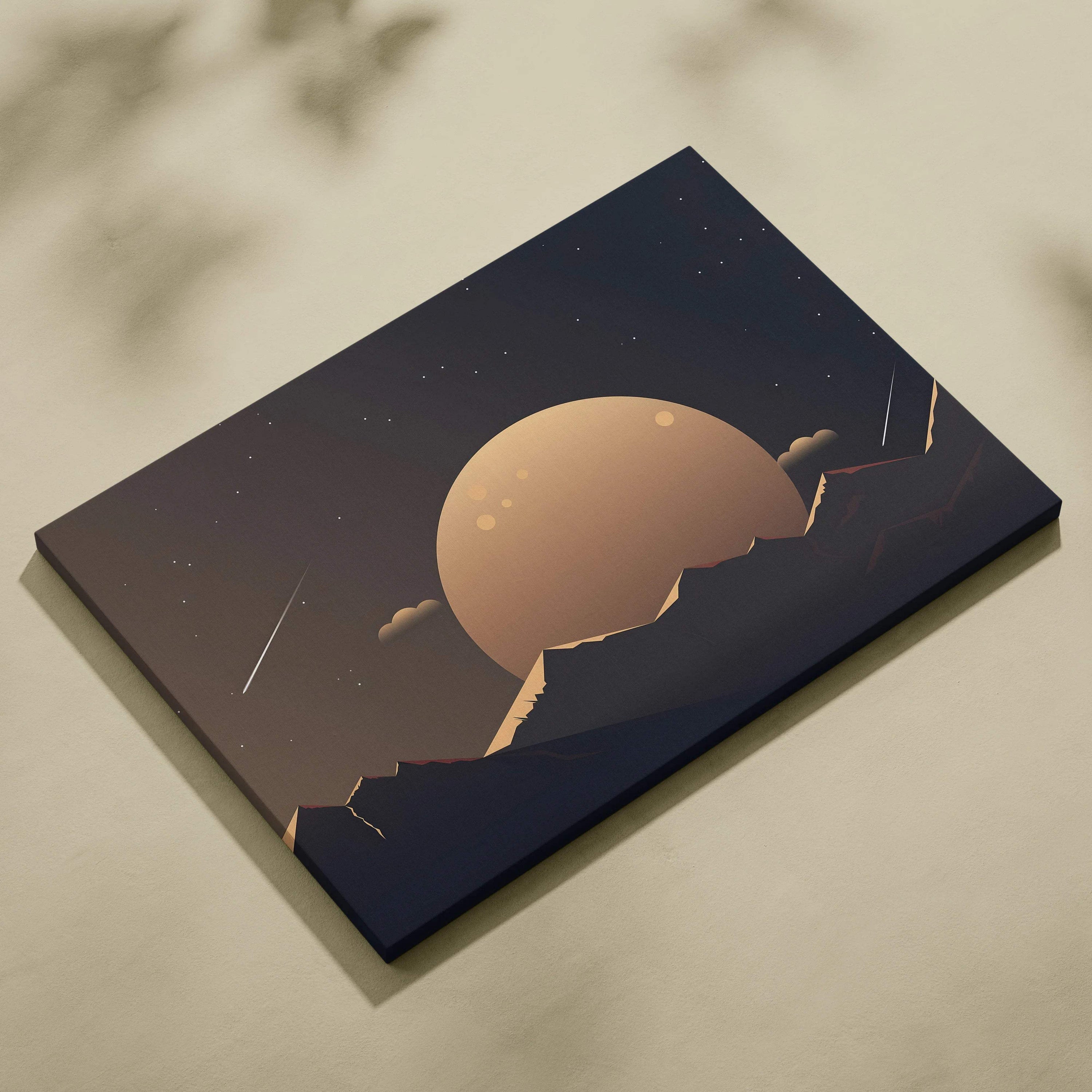 Minimalist moon over mountain silhouettes canvas art in beige navy gradient