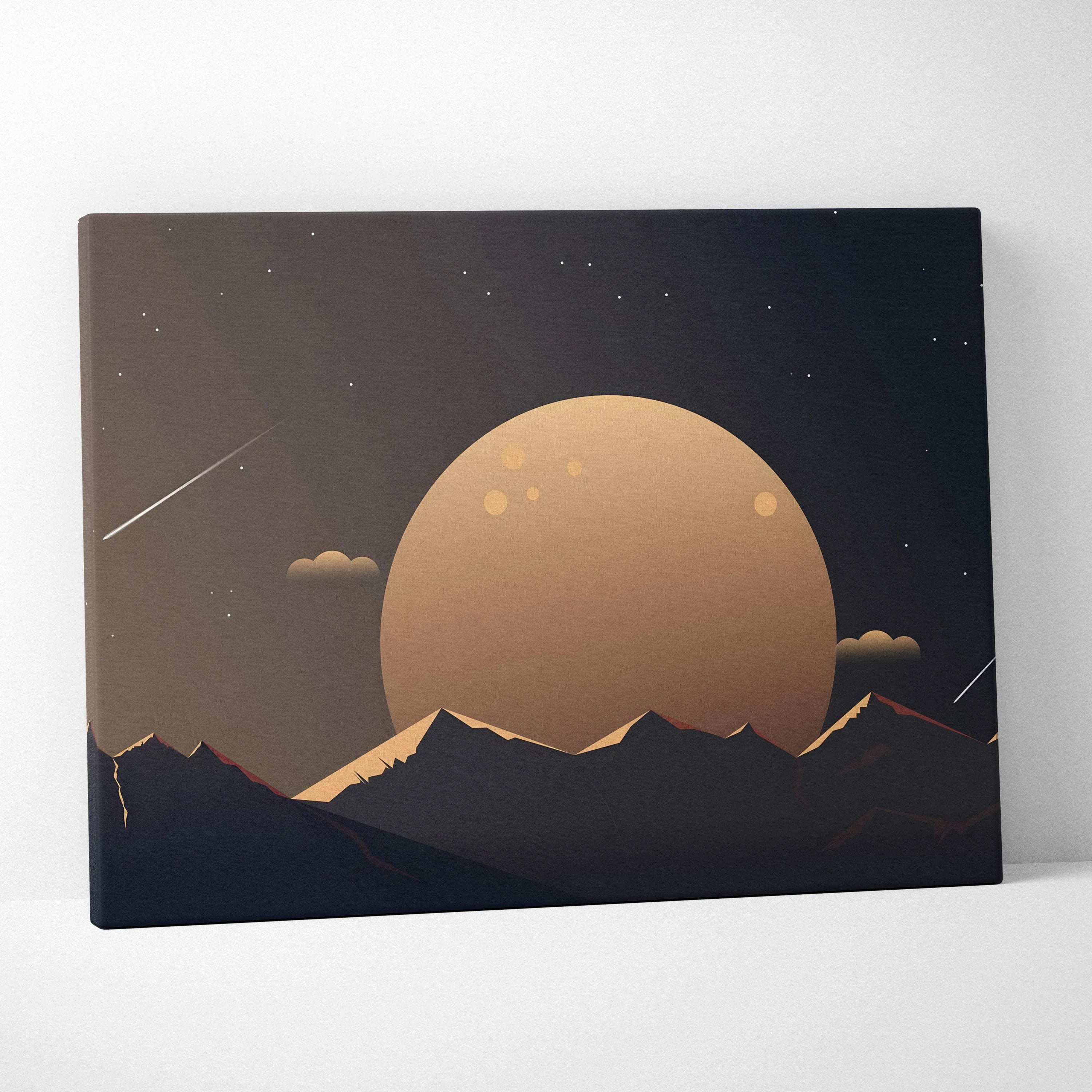 Minimalist moon over mountain silhouettes canvas wall art in beige navy gradient