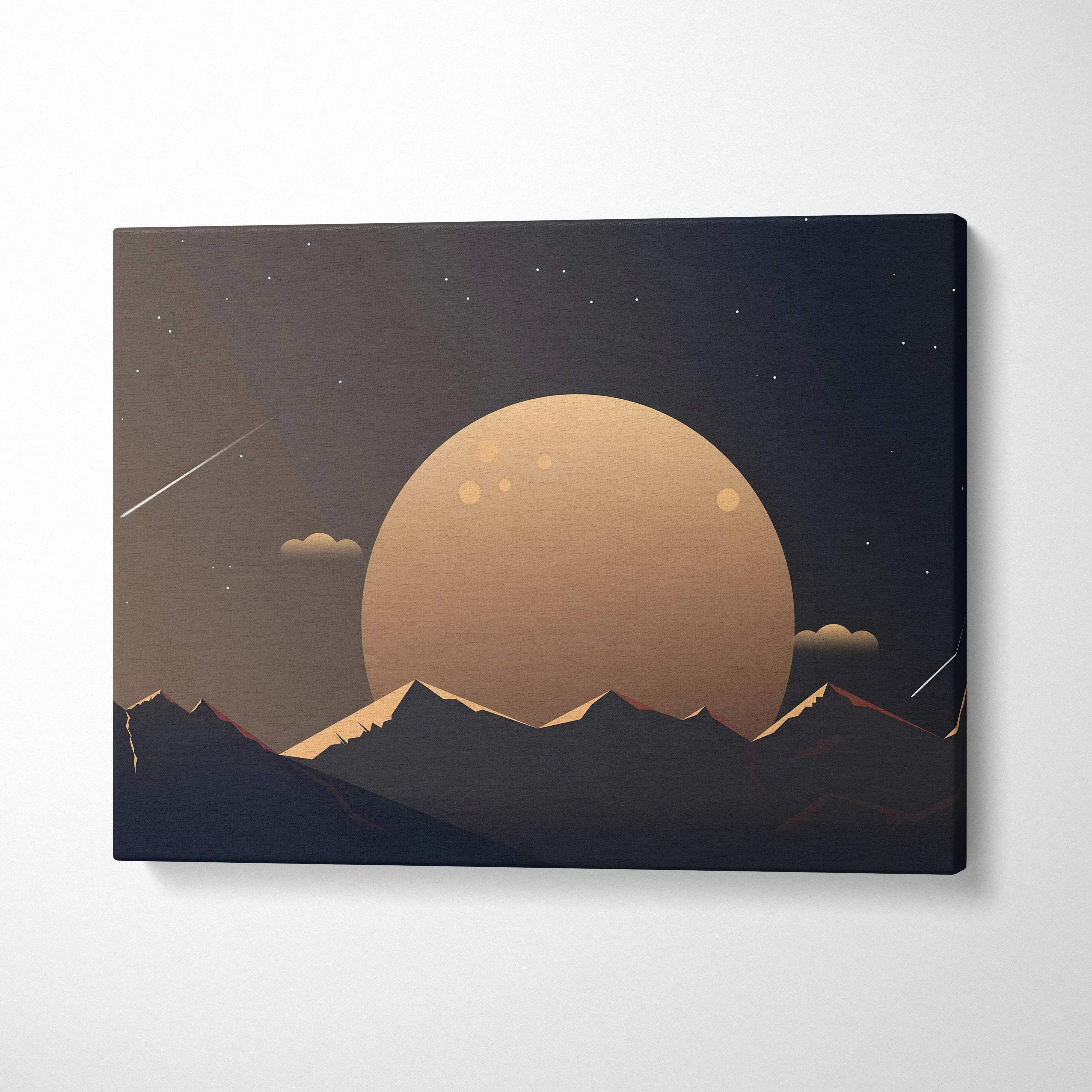 Minimalist moon over mountain silhouettes canvas wall art in beige navy gradient