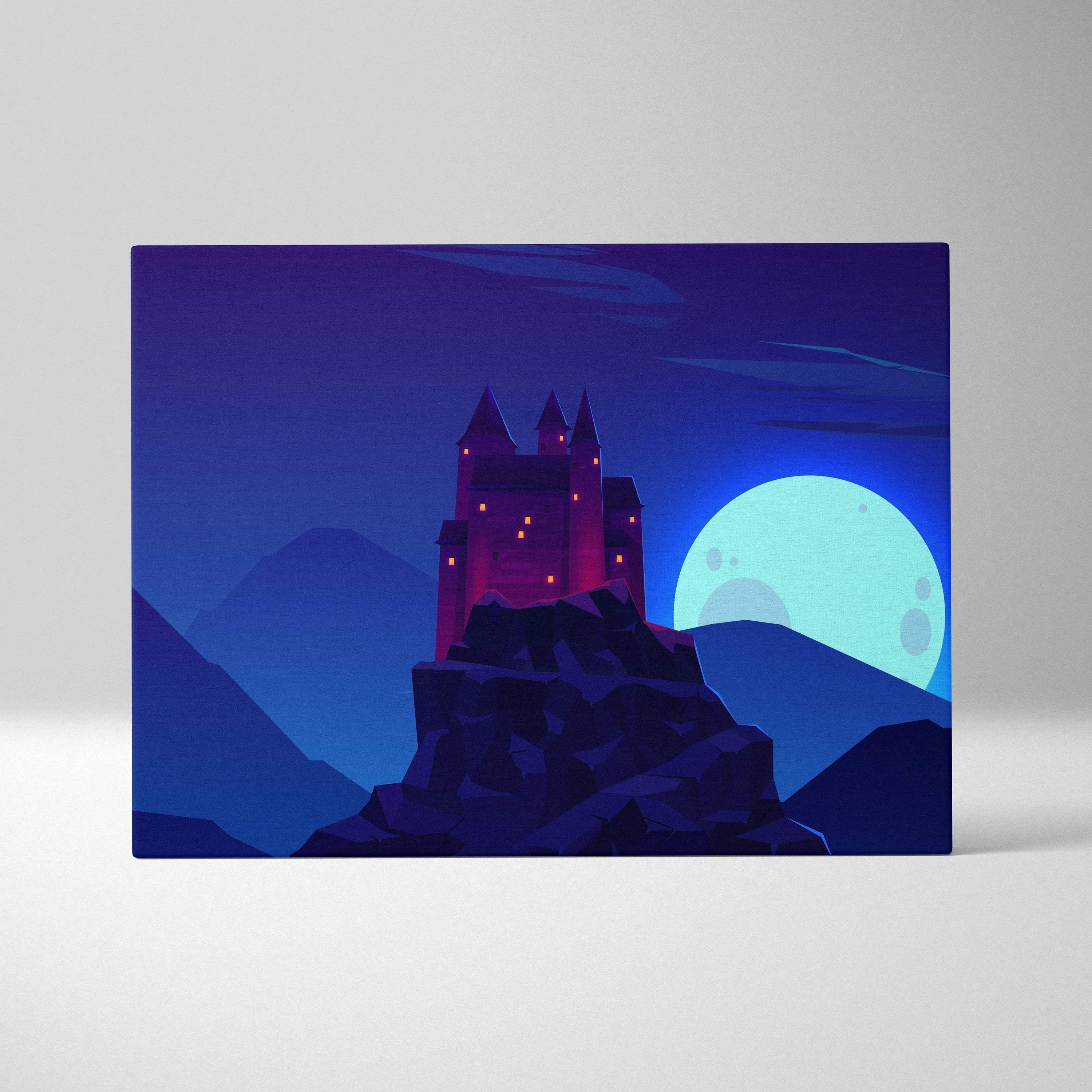 Moonlit gothic castle on rugged cliff canvas art in deep blue purple tones cyan moonlight