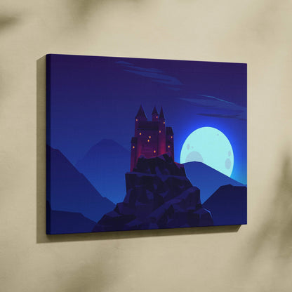 Moonlit gothic castle on rugged cliff canvas wall art in deep blue purple tones