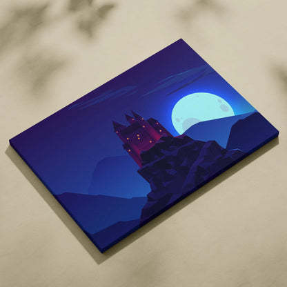 Moonlit gothic castle on rugged cliff canvas art in deep blue purple tones