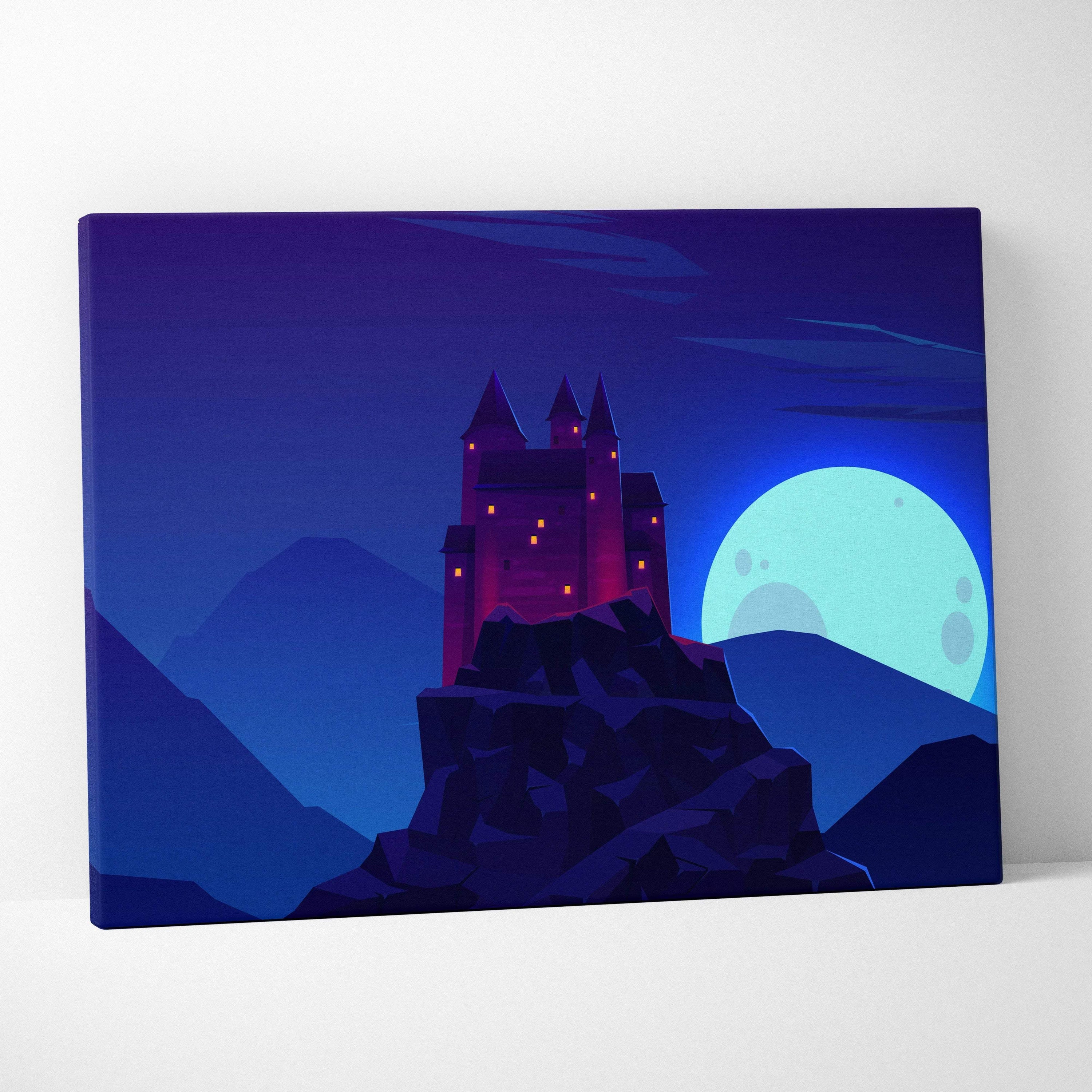 Moonlit gothic castle on rugged cliff canvas art in purple blue tones cyan moon