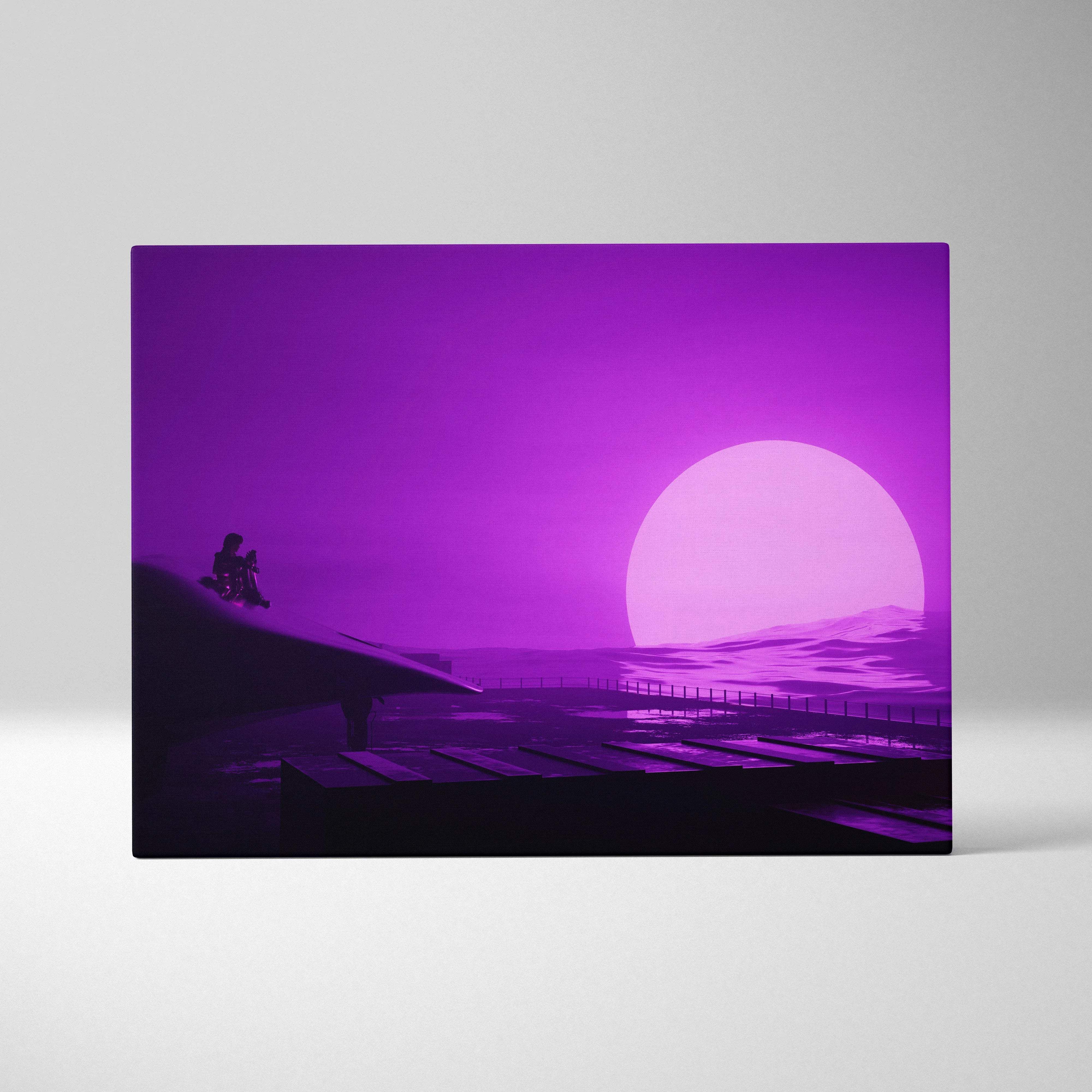 Futuristic desert sunset with lone silhouette neon purple synthwave canvas art