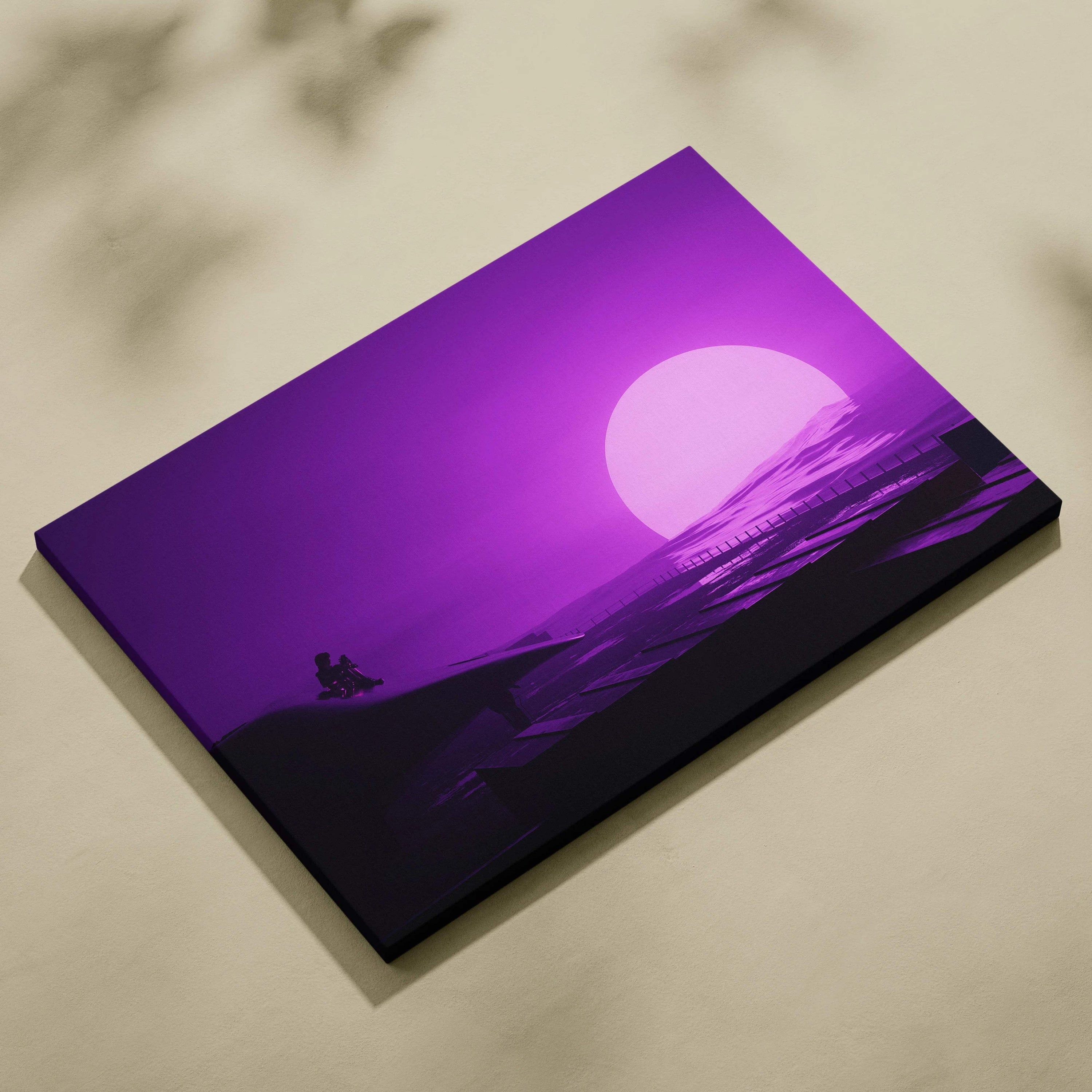Futuristic neon purple synthwave sunset canvas with silhouetted figures