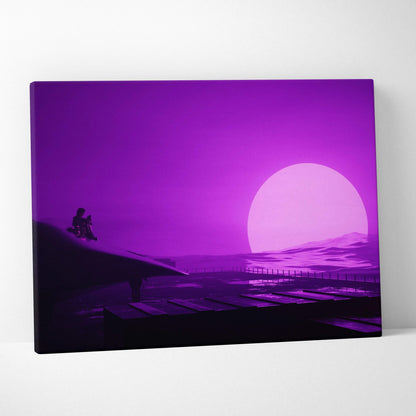 Futuristic desert sunset with lone silhouette on neon purple synthwave canvas print