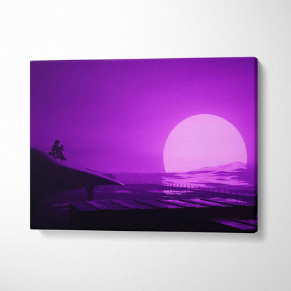 Purple silhouette on dock in futuristic neon synthwave sunset canvas print
