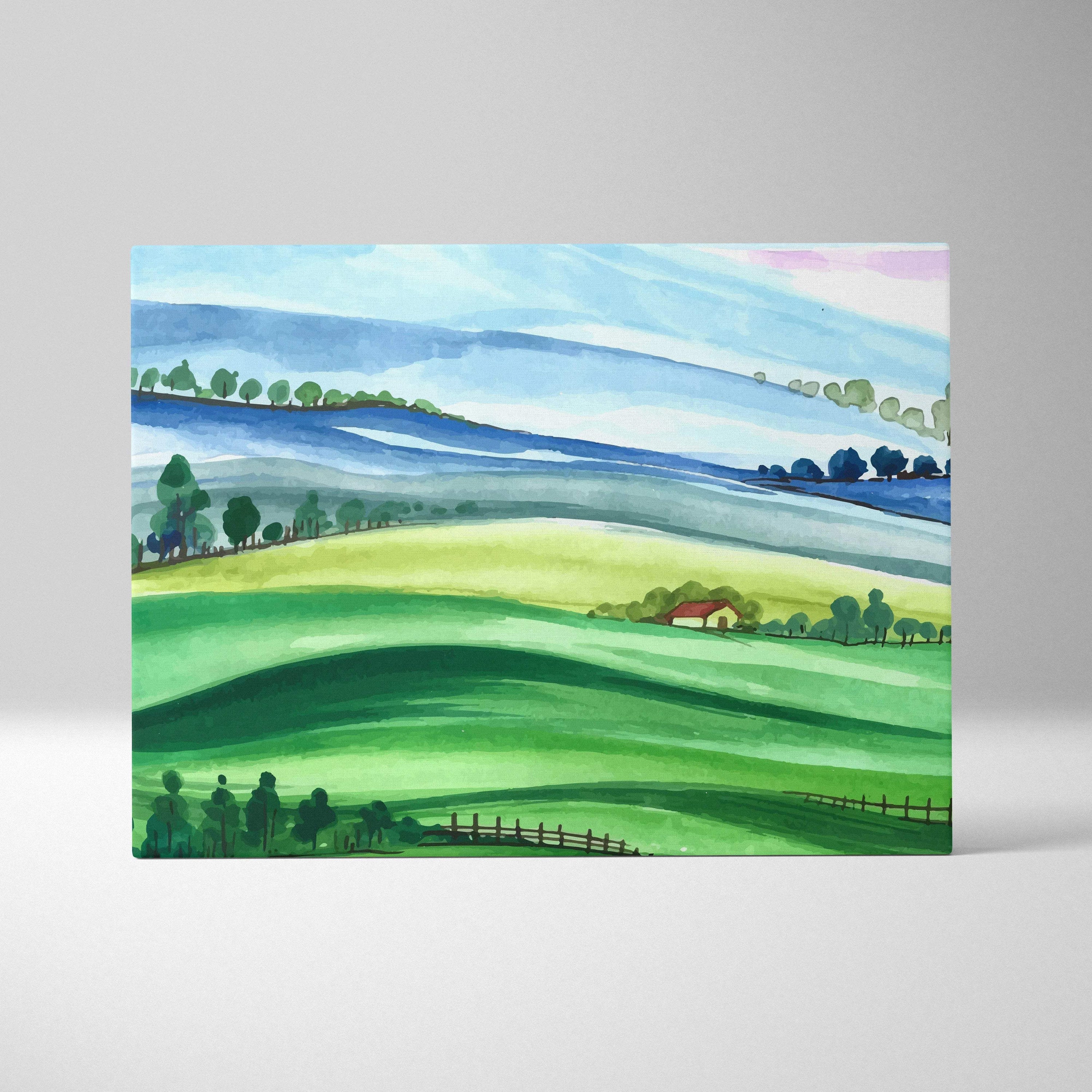 Serene watercolor landscape canvas of rolling green hills and farmhouse